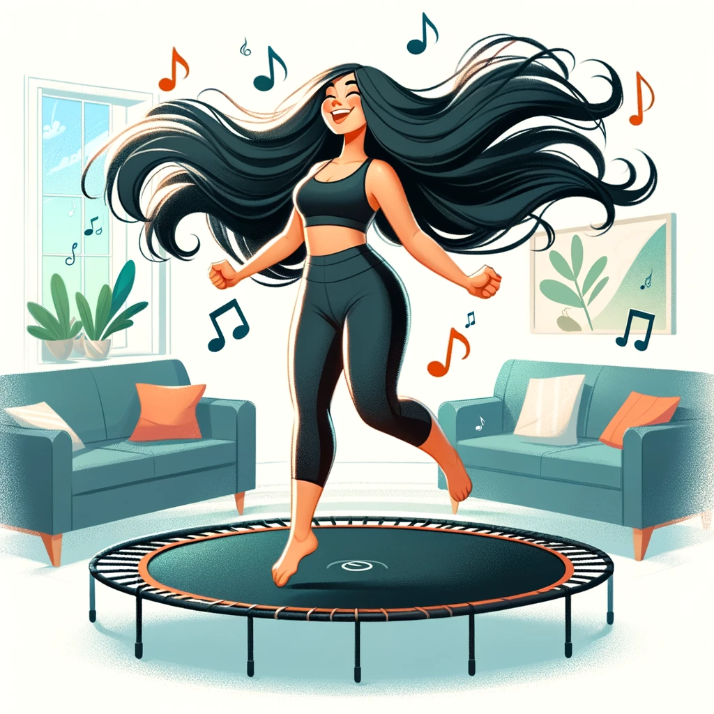 midsize women in casual workout clothes with long dark hair happy listening to music while jumping on a trampoline. 